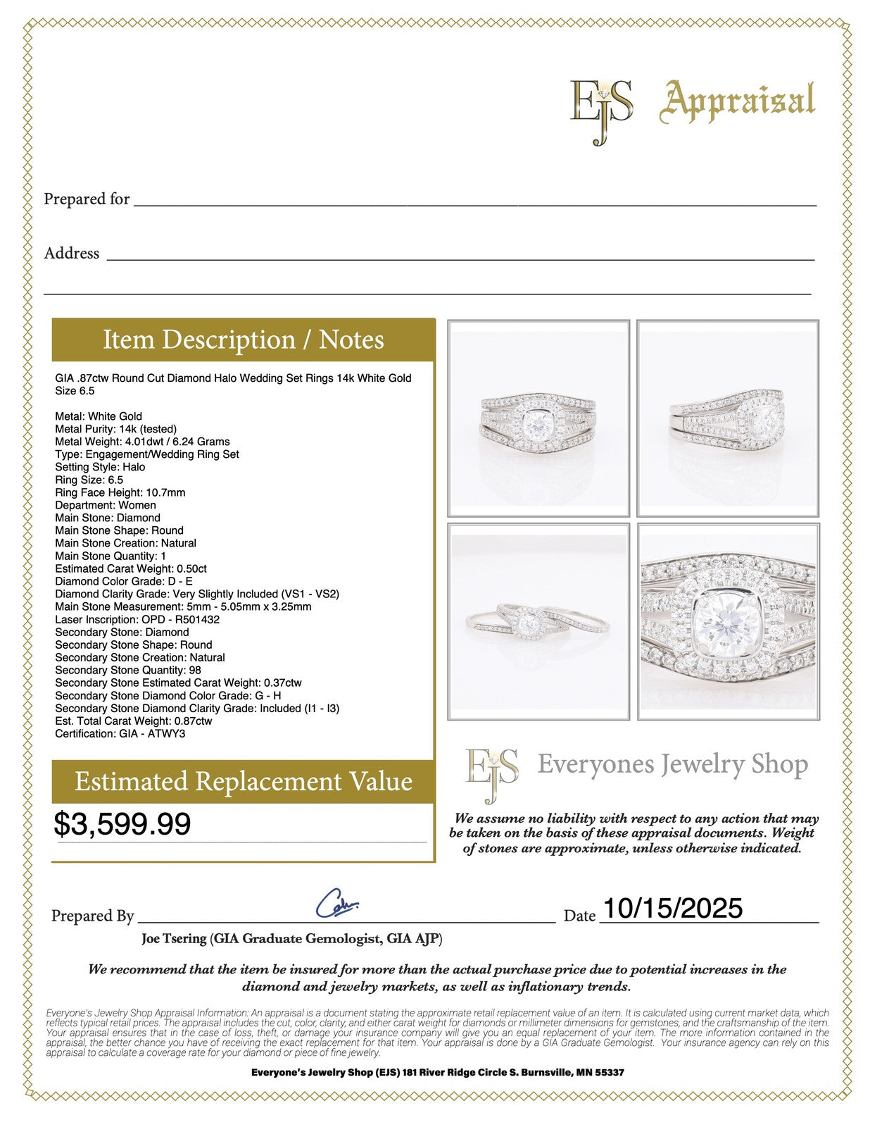 0.87ct Round Brilliant Diamond Halo Wedding Set — GIA Certified, 14k White Gold