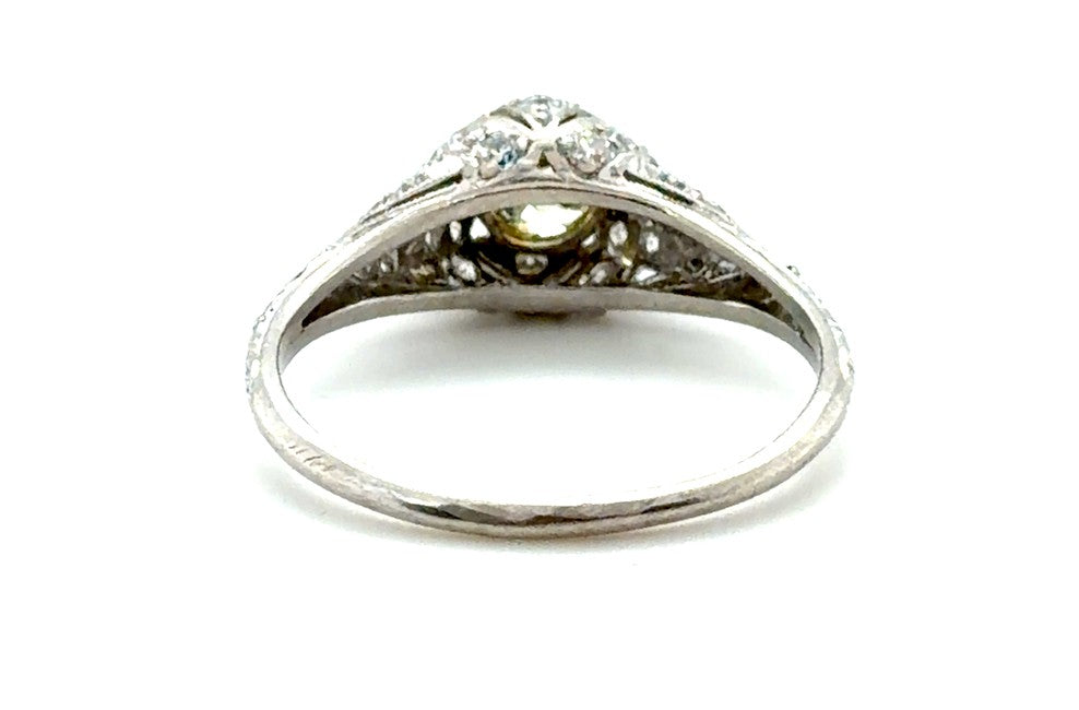 0.57ct Cushion Modified Brilliant Fancy Greenish Yellow Diamond Art Deco Ring — GIA Certified, Platinum