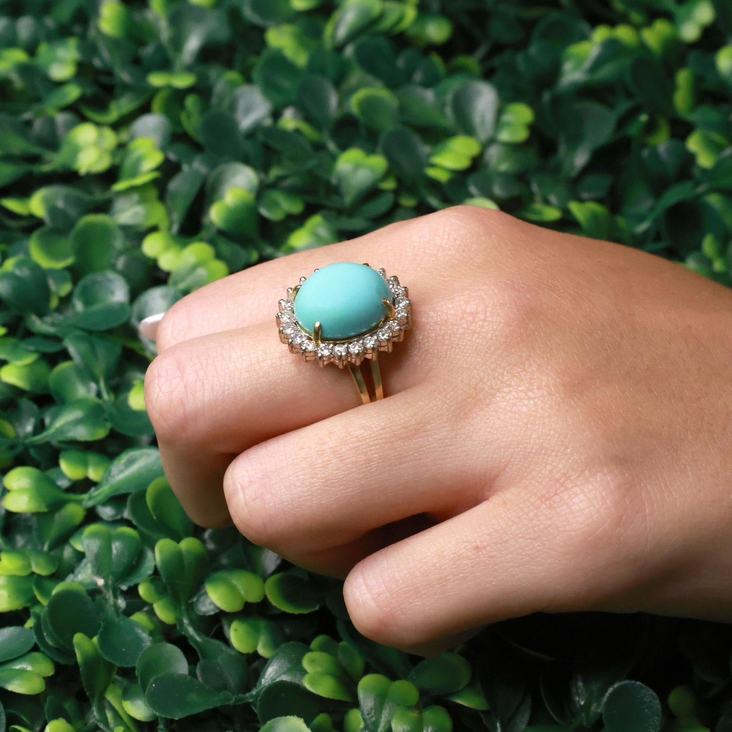 7.25ct Oval Turquoise Halo Diamond Ring — GIA Certified, 18k Two-Tone Gold