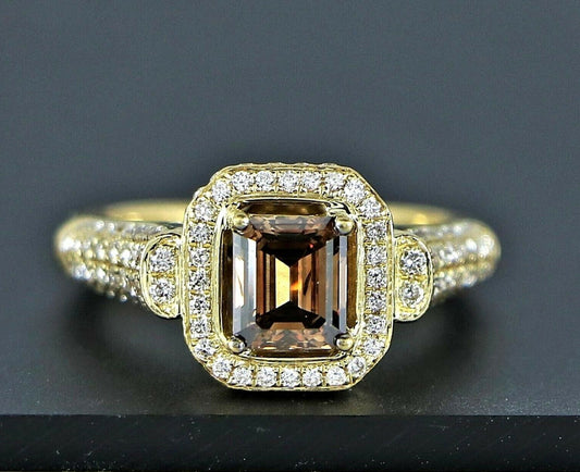 1.14ct Emerald Cut Fancy Dark Orangy Brown Diamond Ring — GIA Certified, 18k Yellow Gold