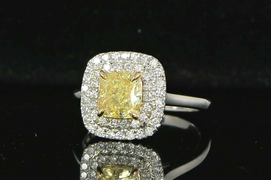 1.23ct Cushion Modified Brilliant Fancy Intense Yellow Diamond Engagement Ring — GIA Certified, Platinum & 18K Gold