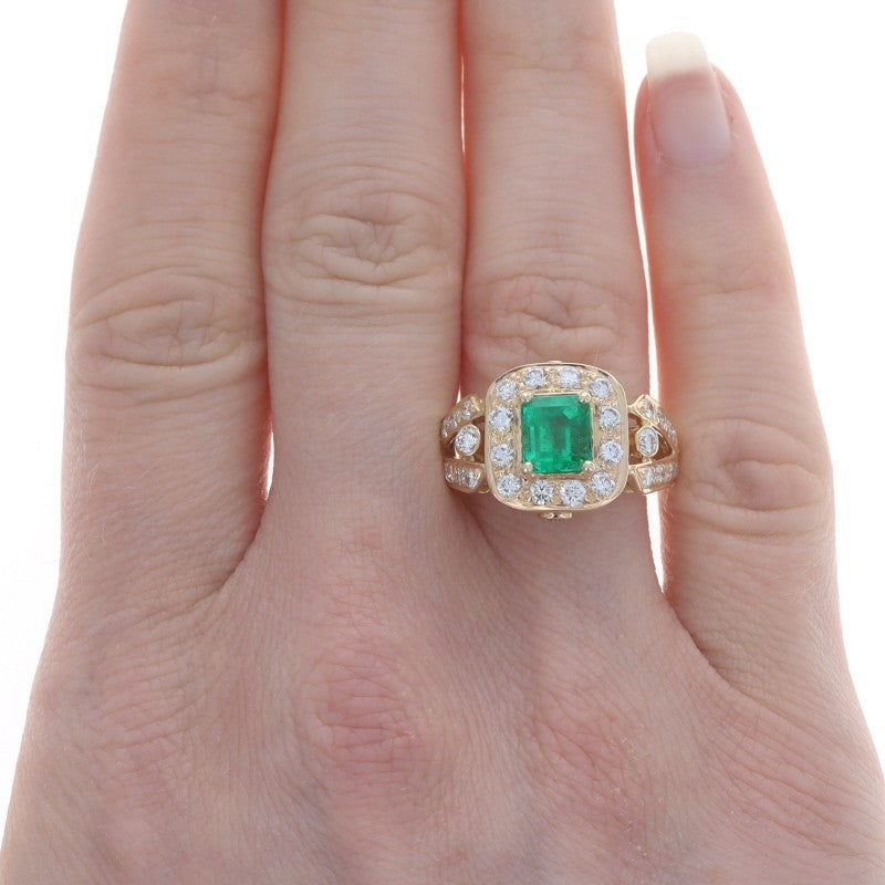 1.40ct Octagonal Green Emerald Diamond Halo Ring — GIA Certified, 18k Yellow Gold