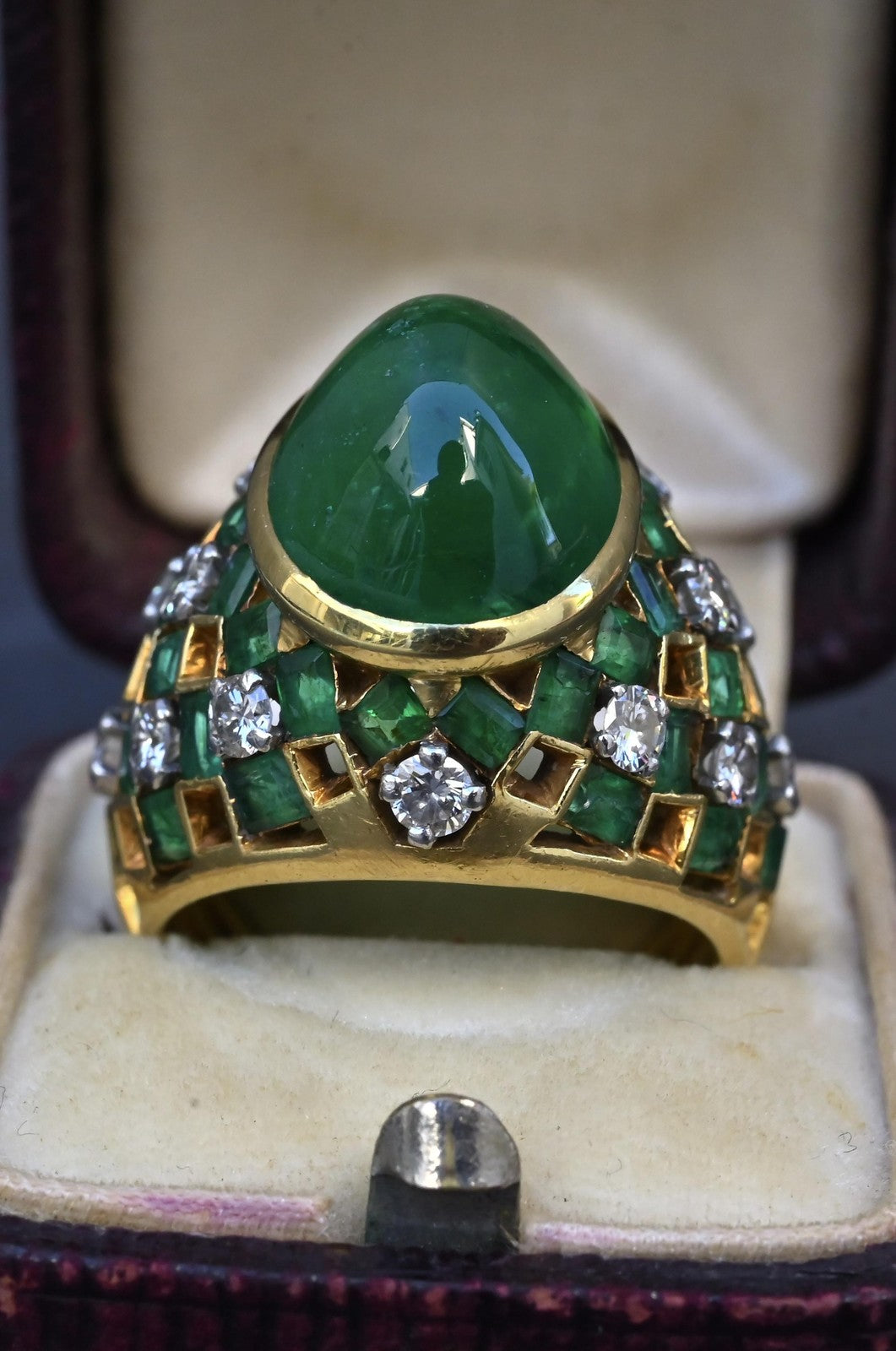 7.12ct Oval Emerald Cabochon Diamond Ring — GIA Certified, 18K Yellow Gold