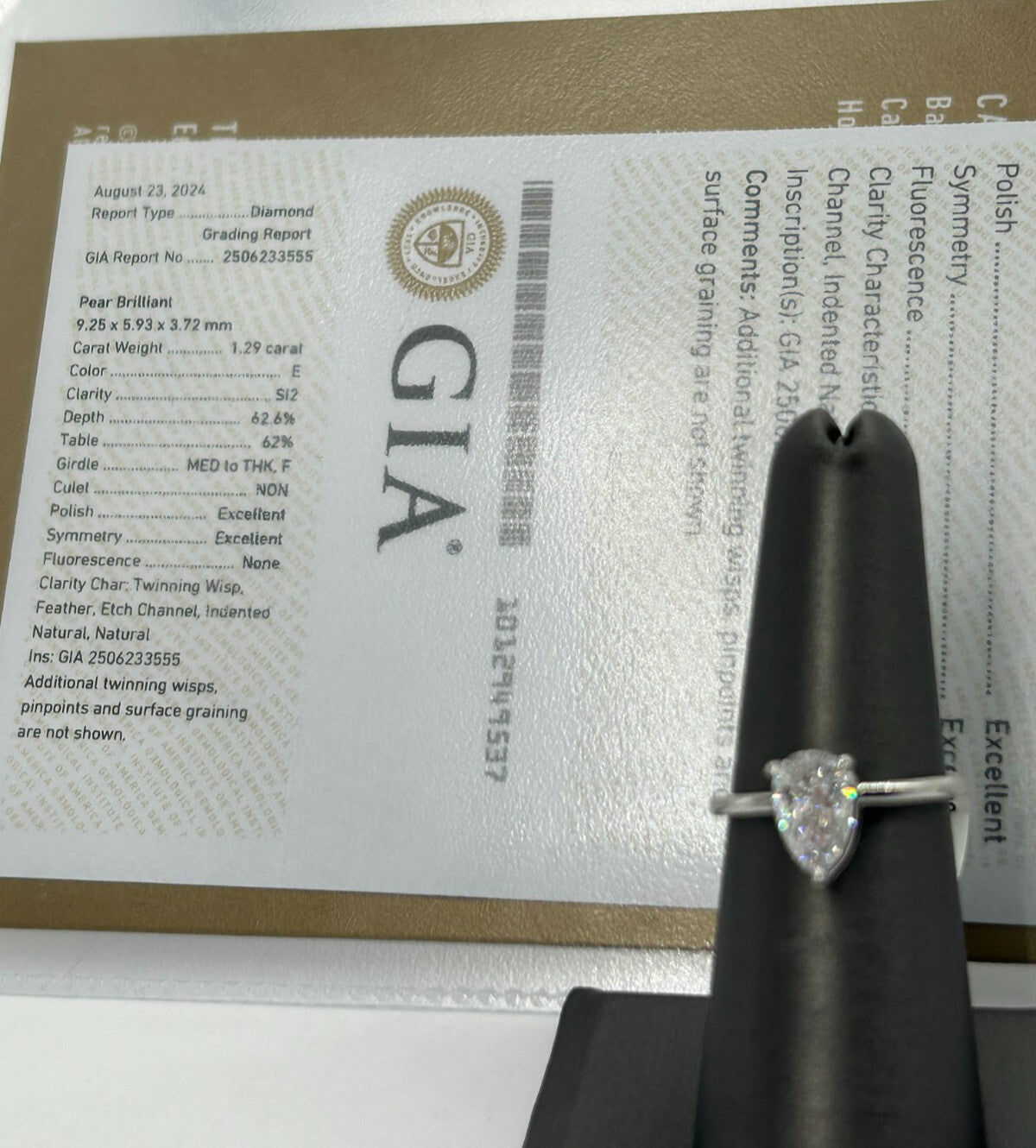 1.29ct Pear Brilliant Diamond Solitaire Ring — GIA Certified, Platinum