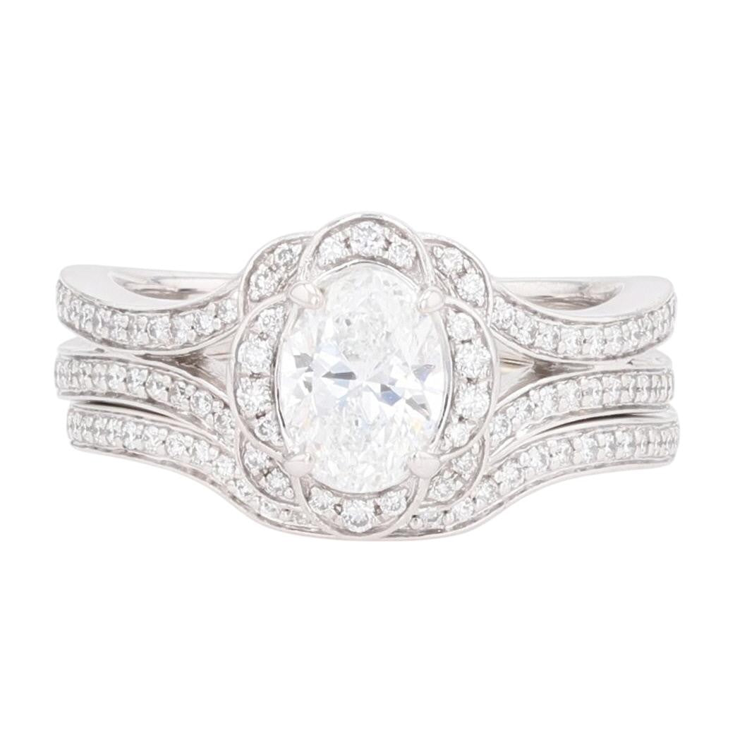 0.88ct Oval Diamond Halo Wedding Set — GIA Certified, 14k White Gold