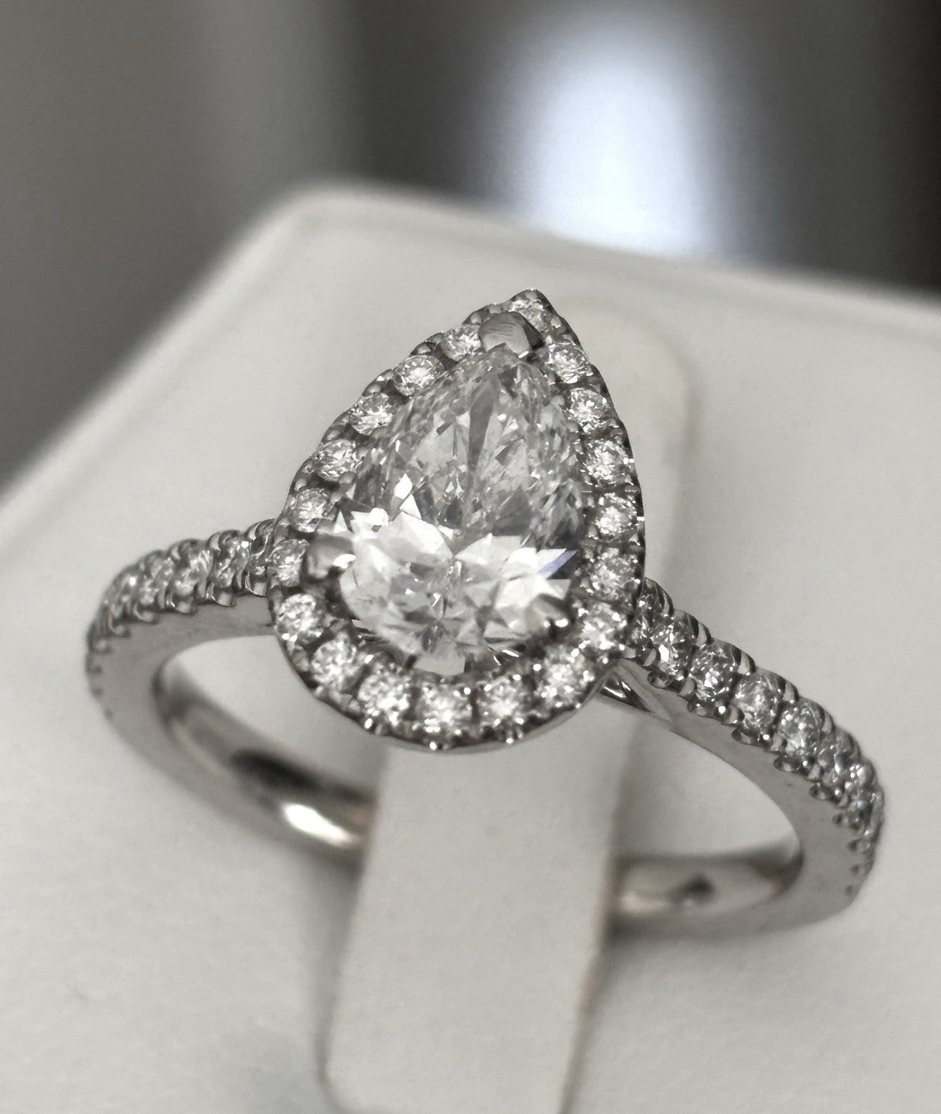 1.00ct Pear Brilliant Diamond Halo Engagement Ring — GIA Certified, 14k White Gold