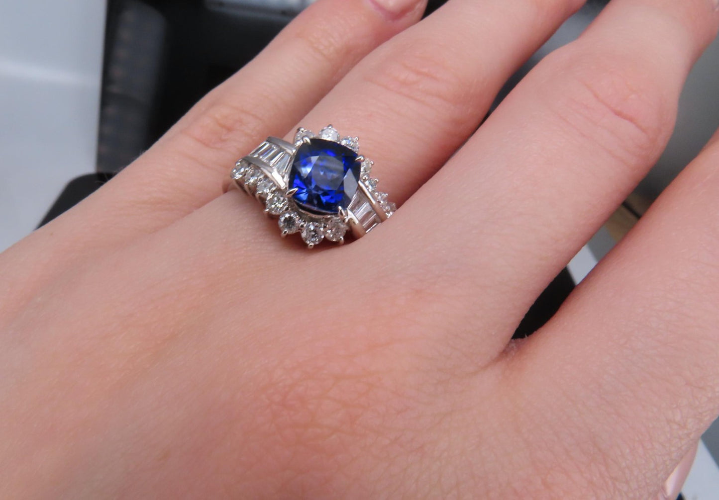 2.25ct Cushion Cut Blue Sapphire & 0.80ct Diamond Ring — GIA Certified, Platinum